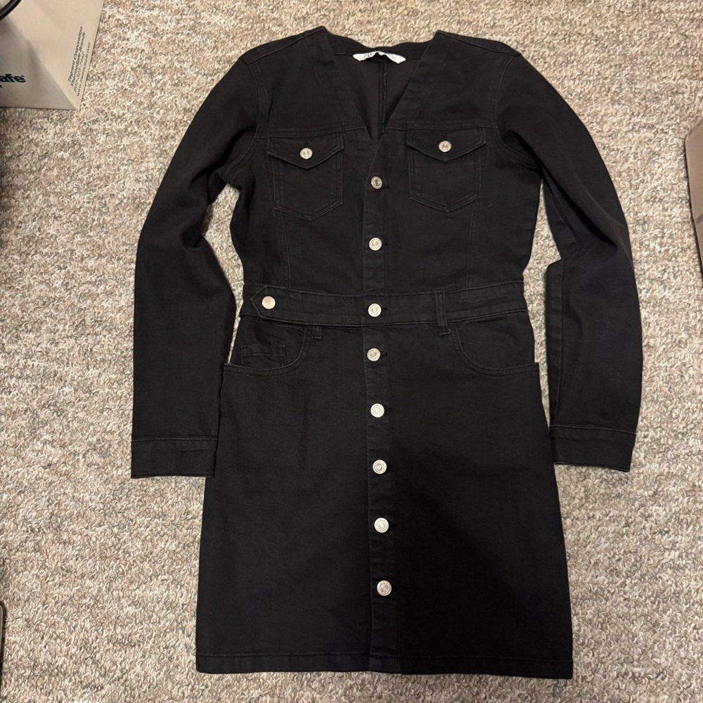 Zara Black Long Sleeve Button-Front Denim Dress